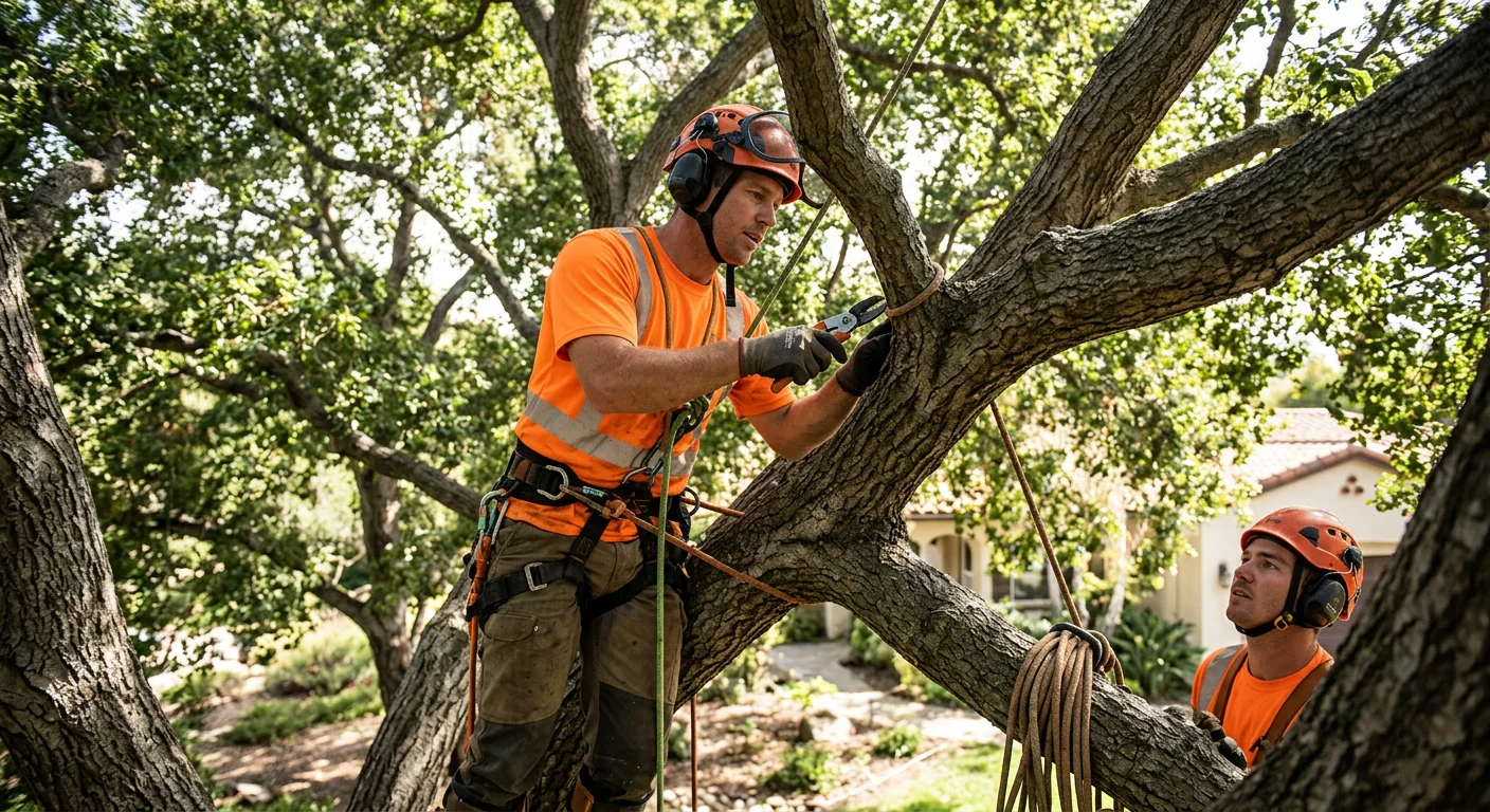 Arborist inspecting a mature oak canopy on a Westlake Village property
