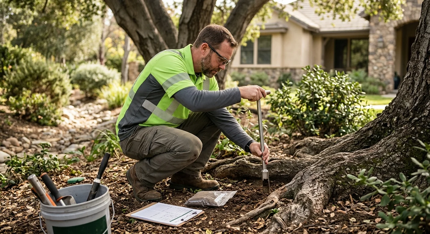 Technician taking a soil sample near tree roots for health evaluation