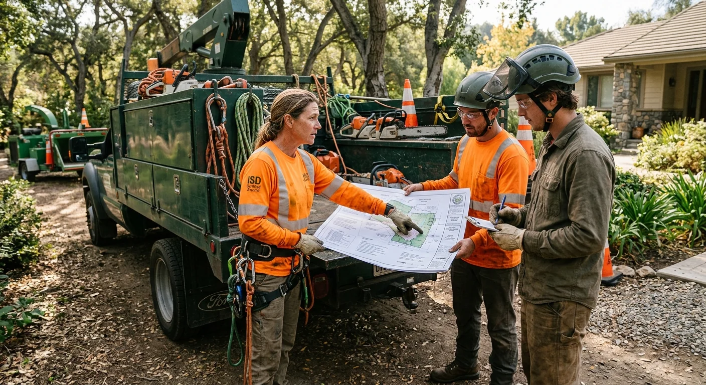 Crew reviewing a tree care plan during a maintenance visit