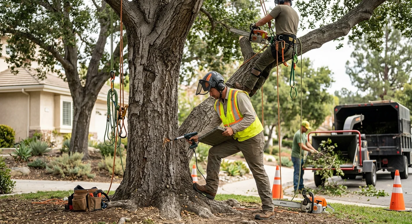 Arborist inspecting canopy health of a mature tree in a Westlake Village yard