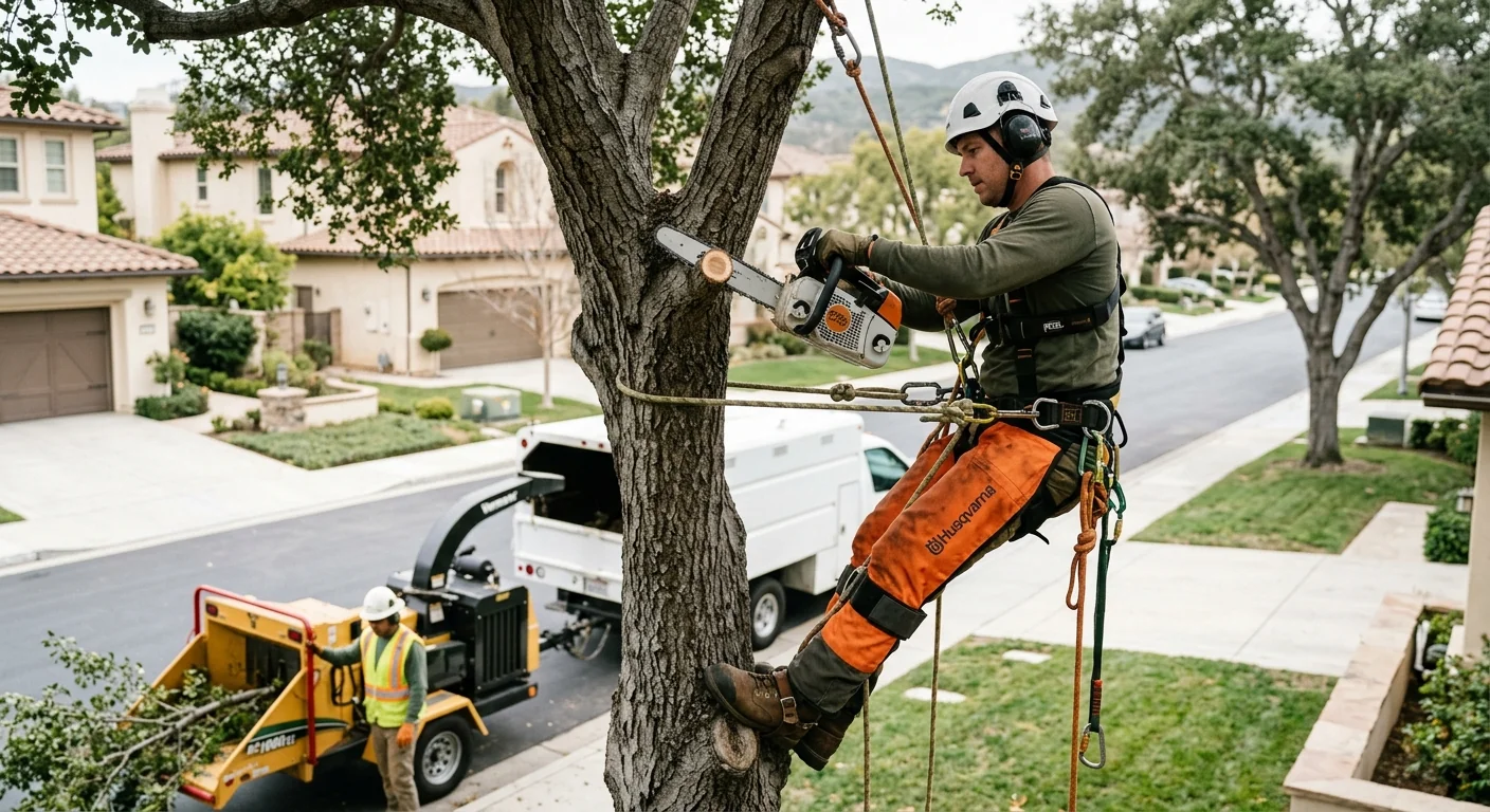 Arborist planting a young tree in a Westlake Village residential yard