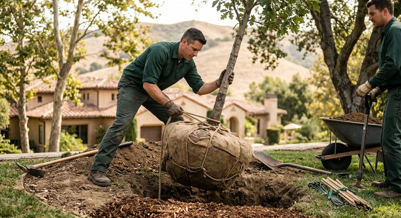 Trained technician positioning a young tree root ball in Westlake Village yard