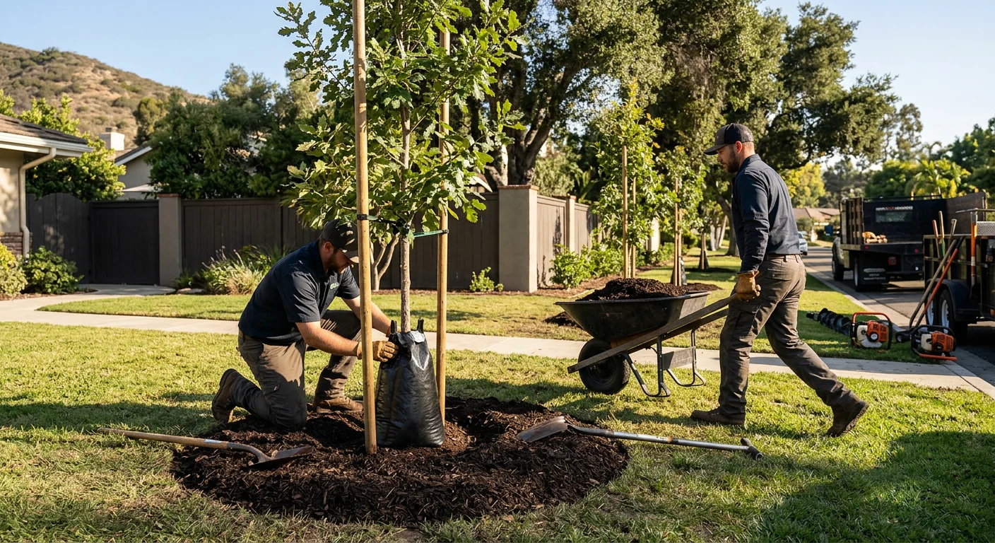New shade trees planted along a residential property with fresh mulch rings