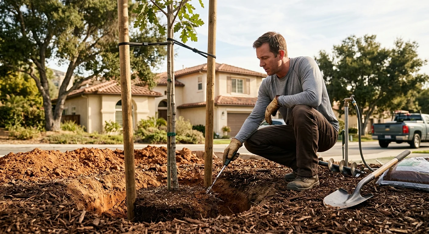 Staked sapling establishing roots in clay soil near a suburban home
