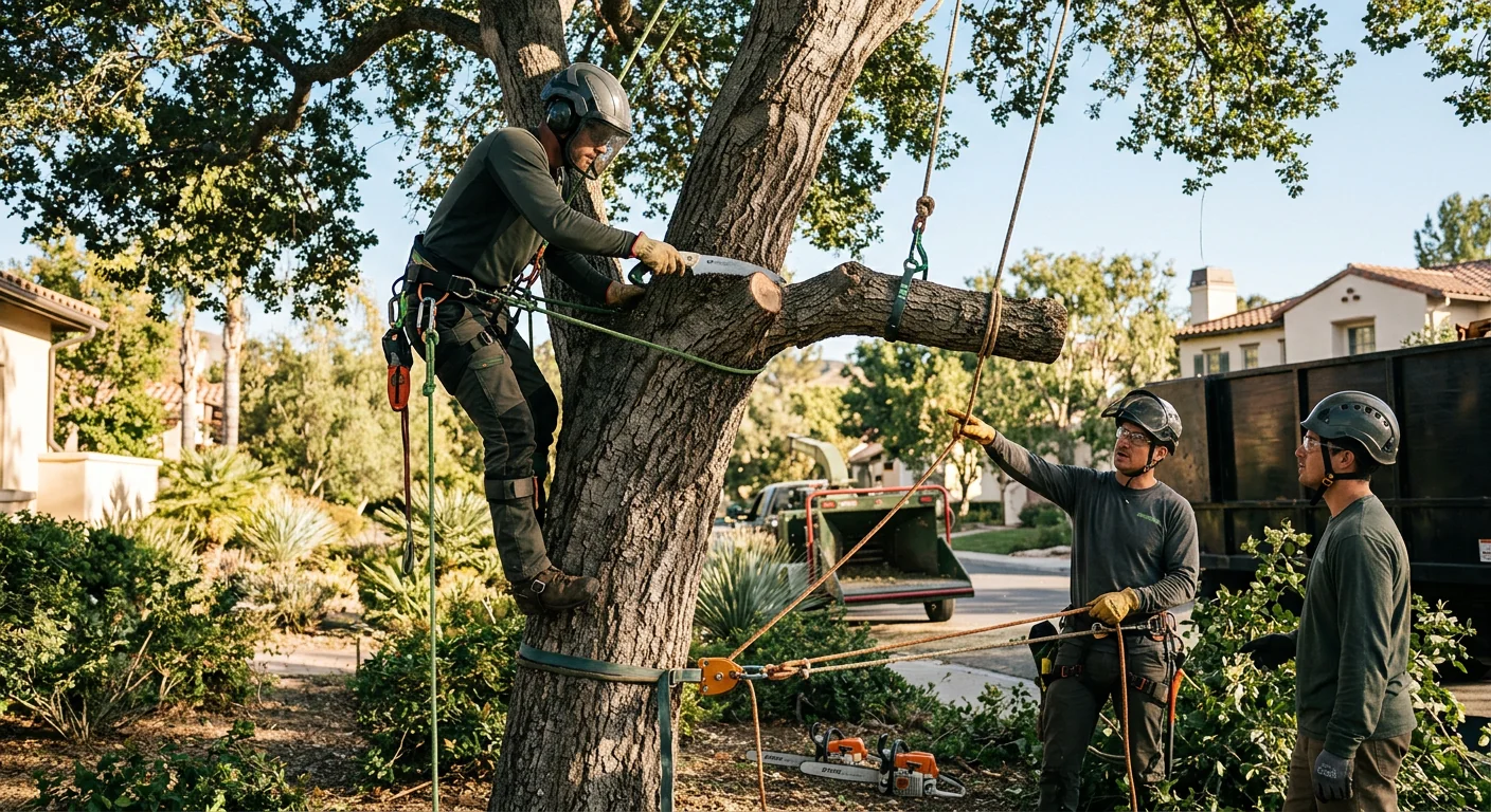 Arborist planting a young tree with proper root ball placement in a Westlake Village yard