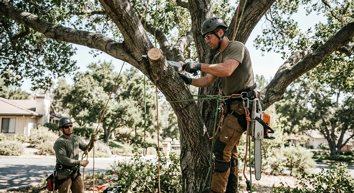Arborist reviewing a written pruning estimate beside a large residential tree