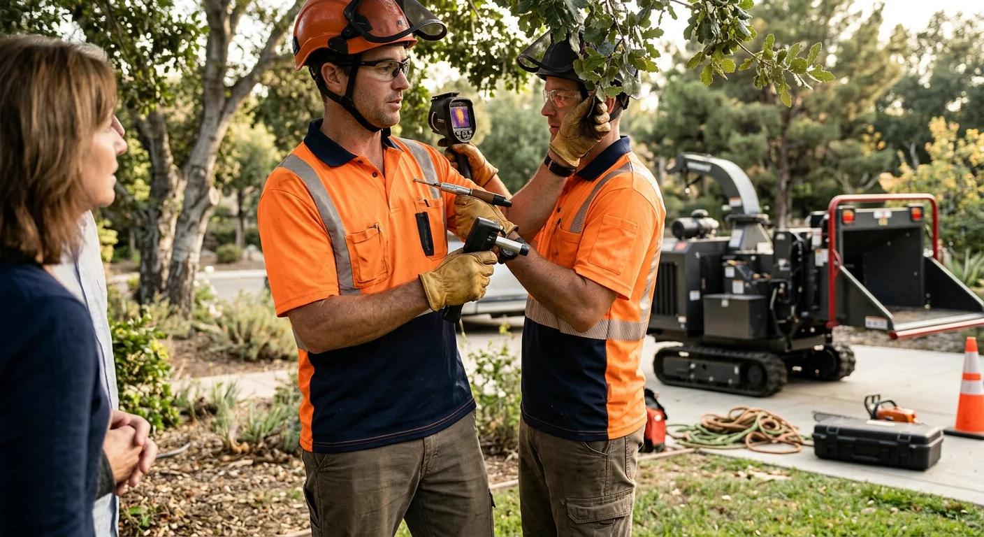 Arborist pruning a mature tree canopy on a Westlake Village residential property