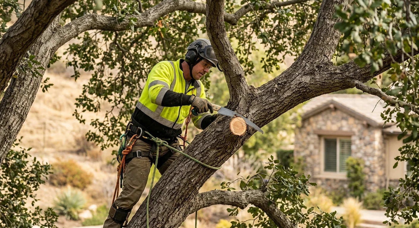 Arborist making a precise collar cut on a mature oak canopy