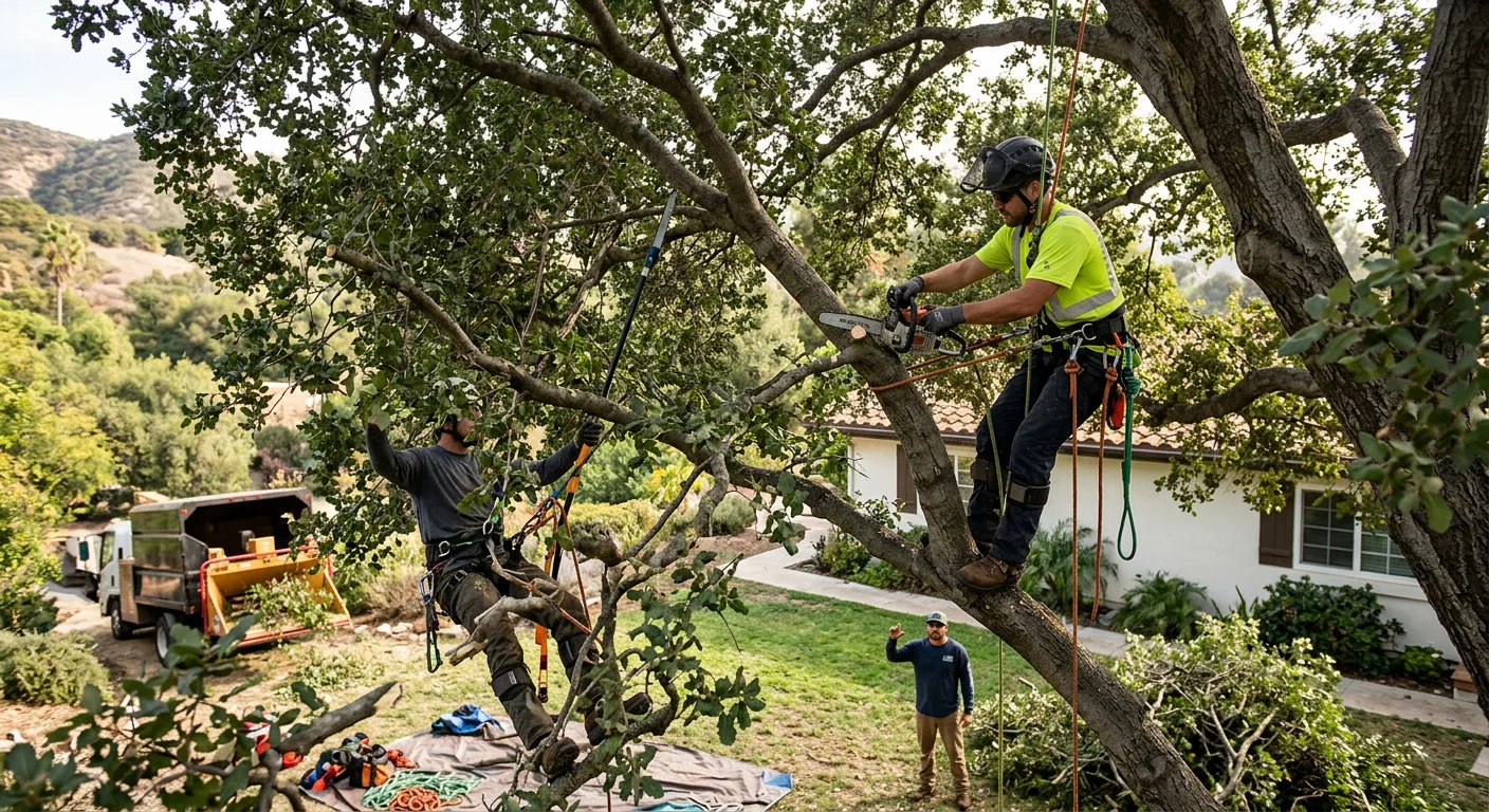 Crew thinning a dense tree crown above a Westlake Village yard