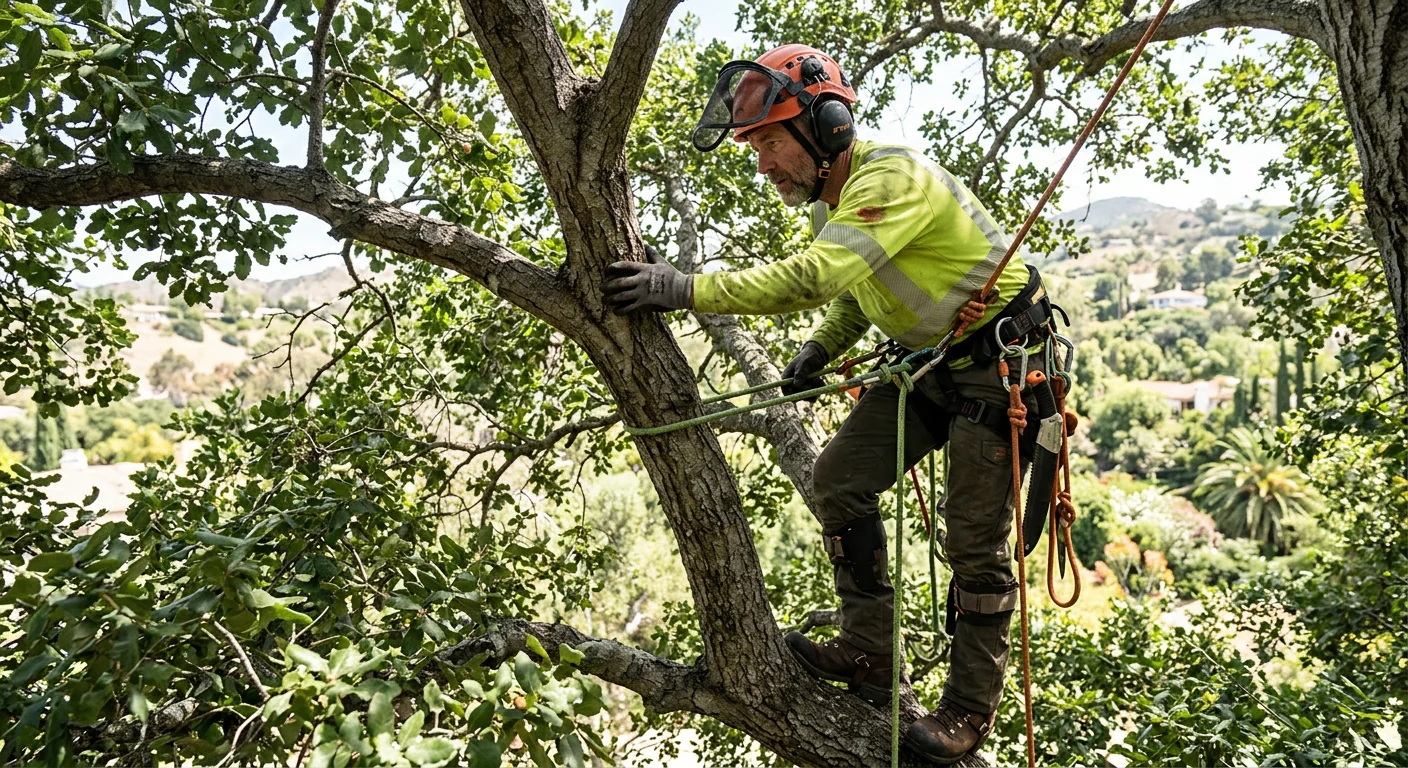 Technician inspecting branch structure before selective pruning cuts