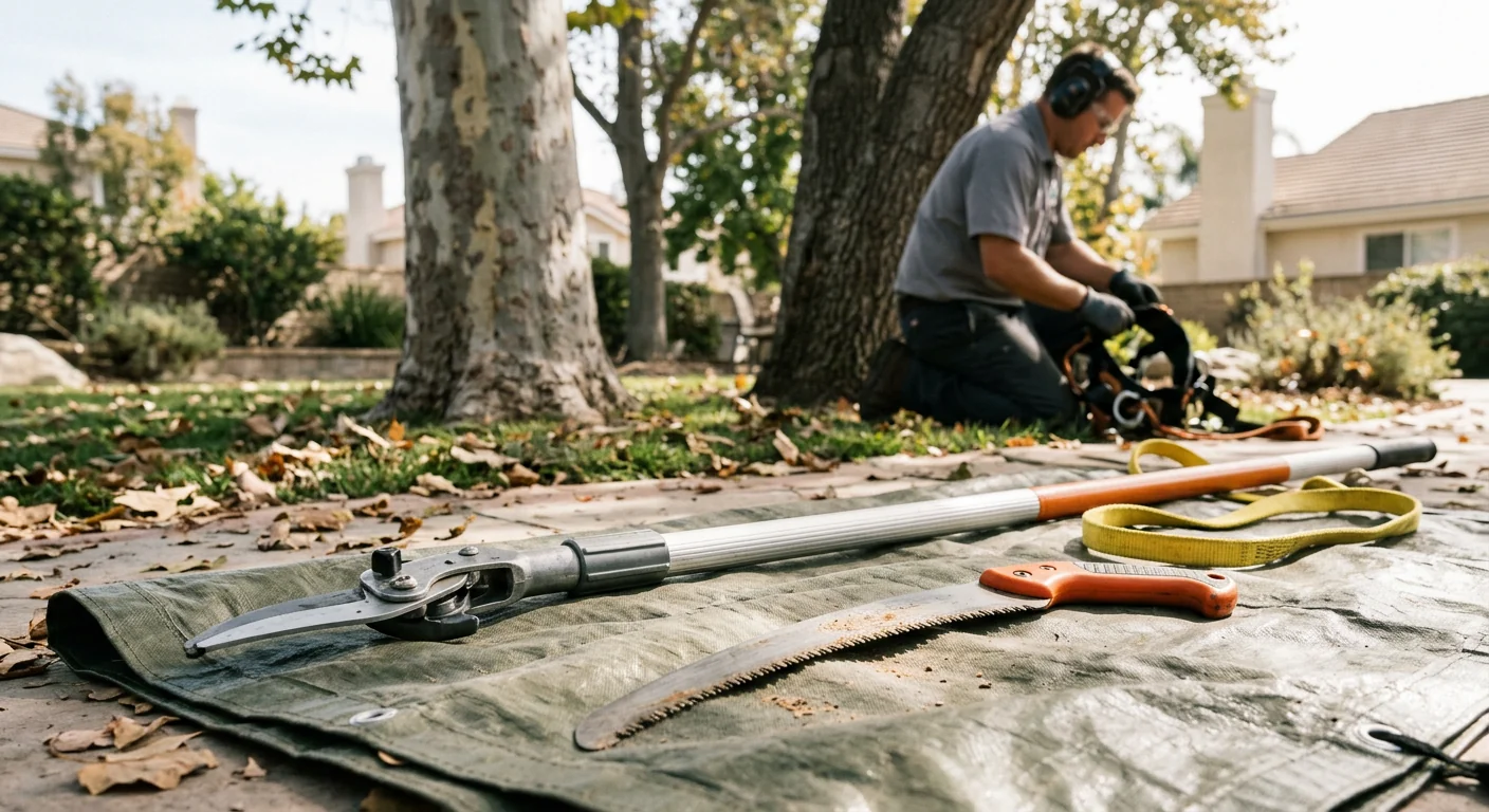 Sanitized pole pruner and hand saw laid out for pruning work