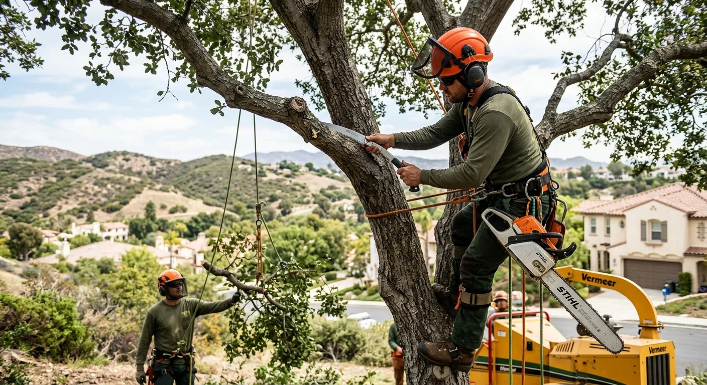 Mature Oak Crown Thinning on a Hillside Lot