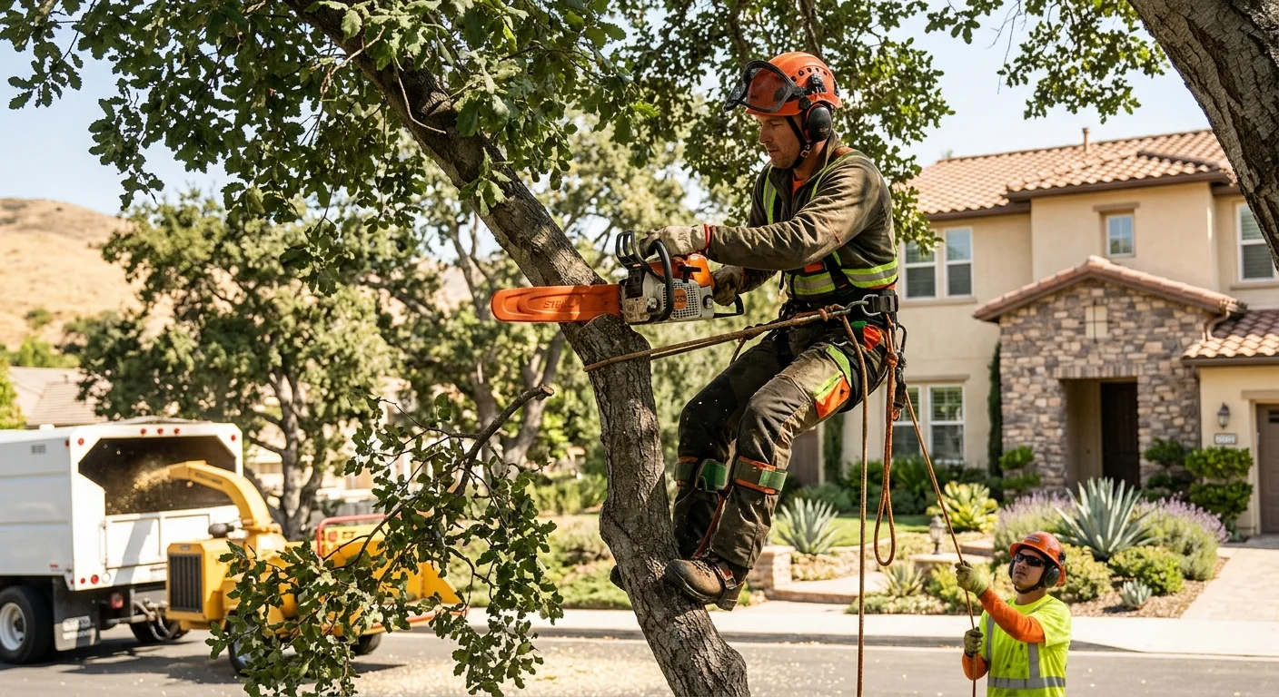Arborist evaluating a large tree to prepare a removal estimate