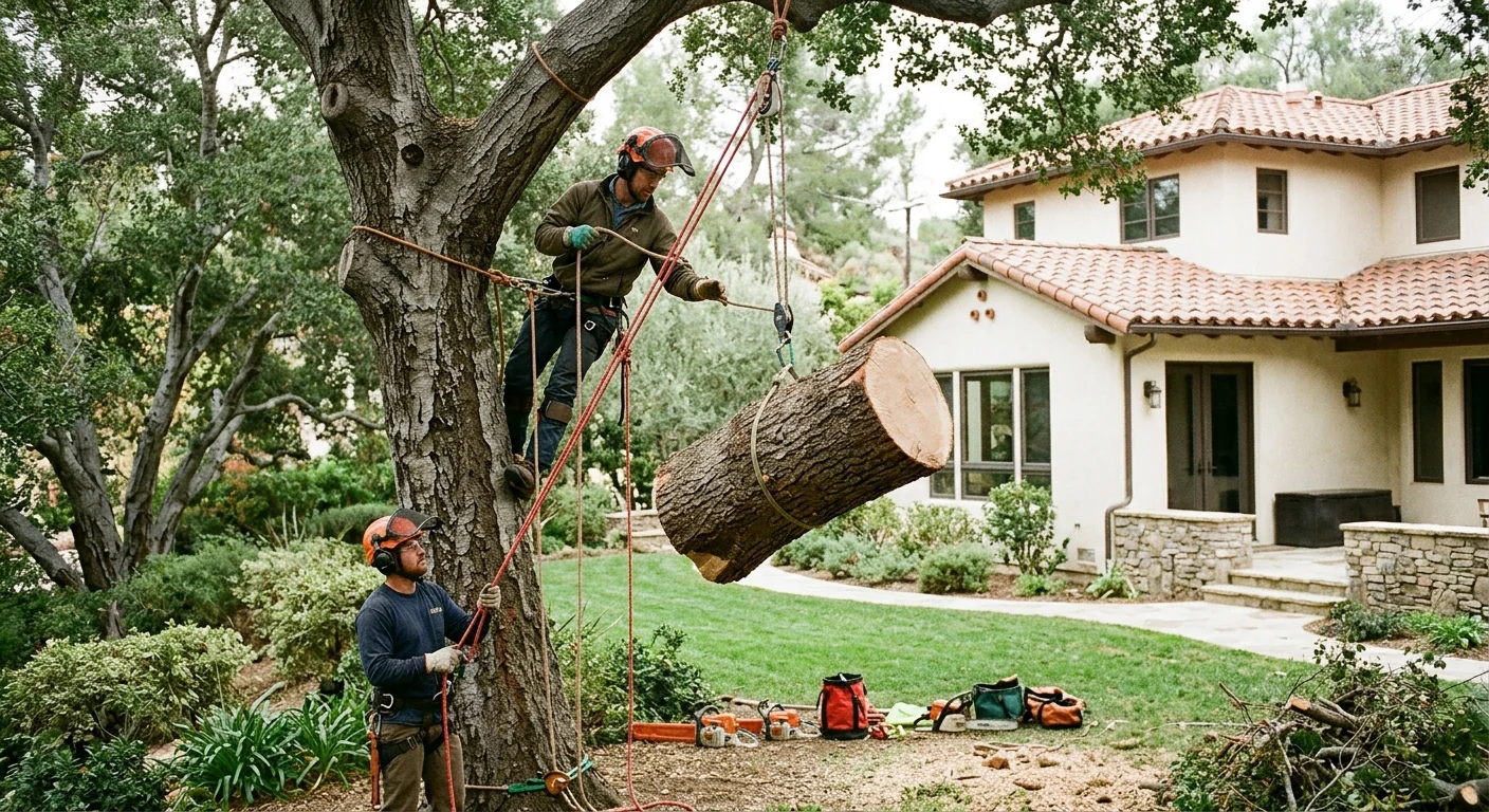 Arborist using rigging to lower a large tree section in a residential yard