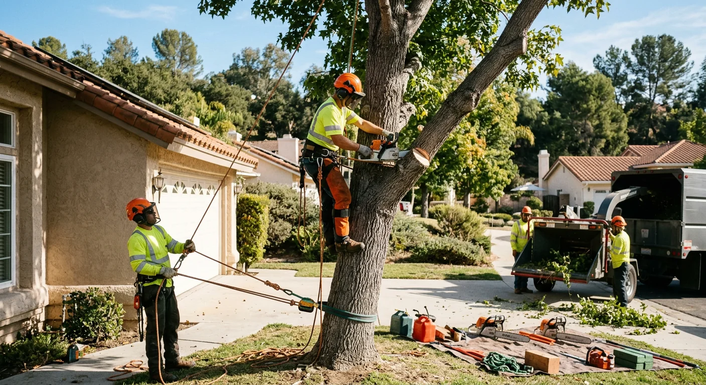 Crew performing controlled tree removal near a Westlake Village home