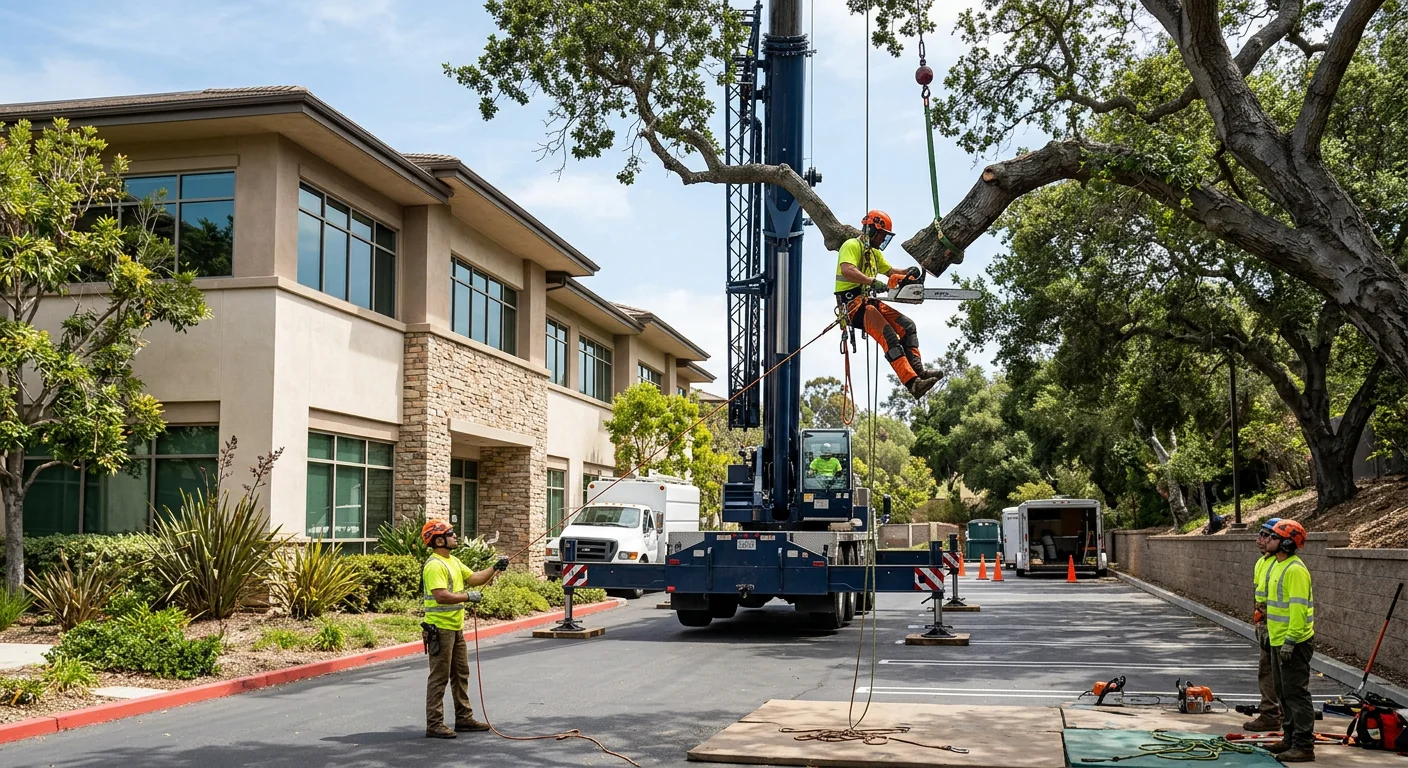 Crane-assisted tree extraction on a commercial property with limited clearance