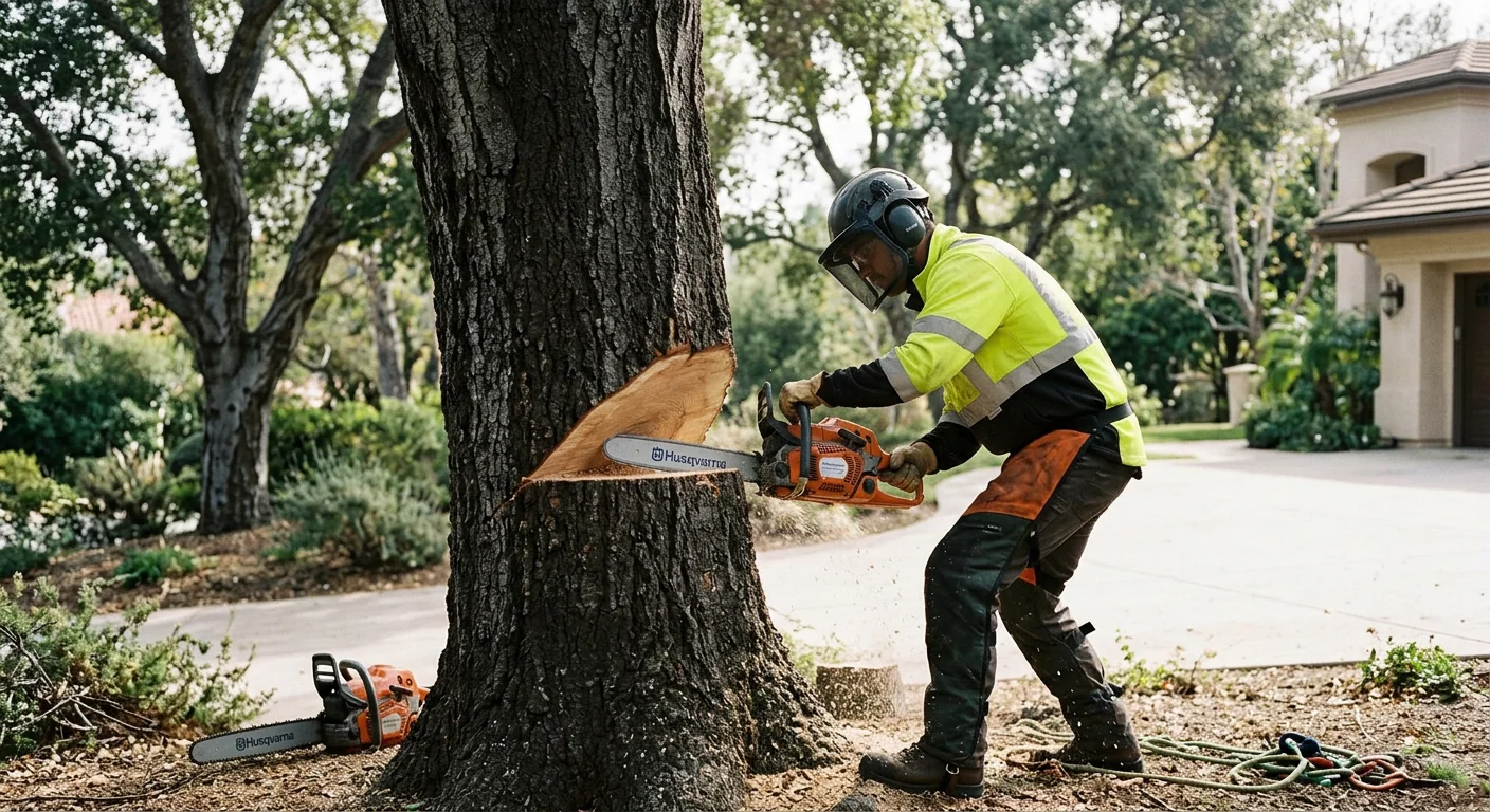 Technician making a directional felling cut on a mature trunk