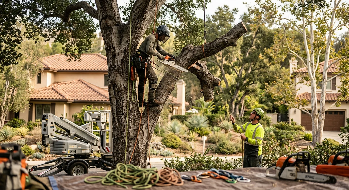 Trained technicians performing sectional tree removal near a home in Westlake Village