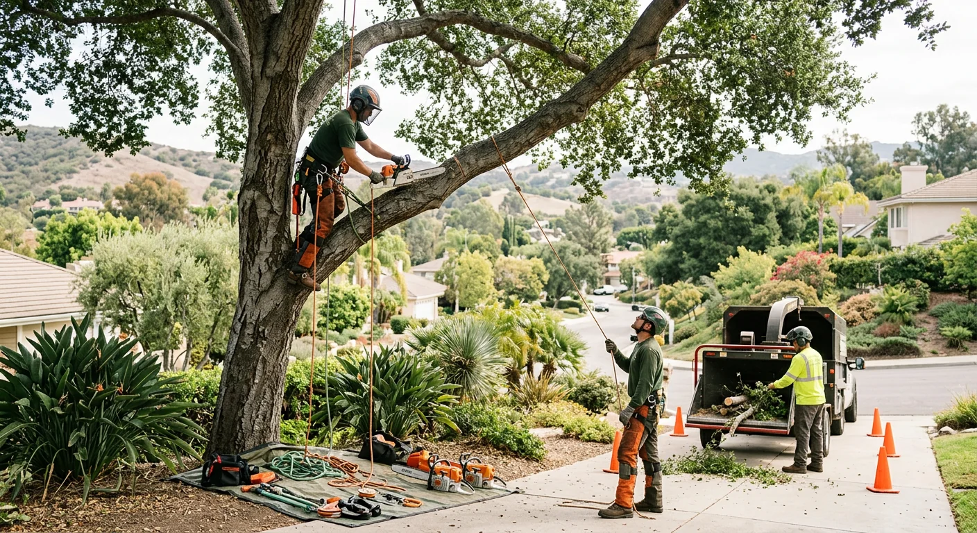 Arborist reviewing assessment scope and estimate with a homeowner beside a large tree