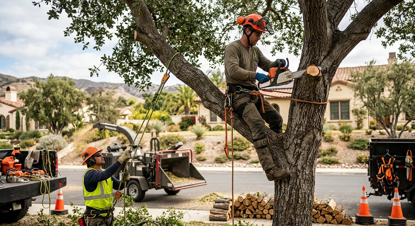 Arborist inspecting a mature tree for structural risk in a Westlake Village yard