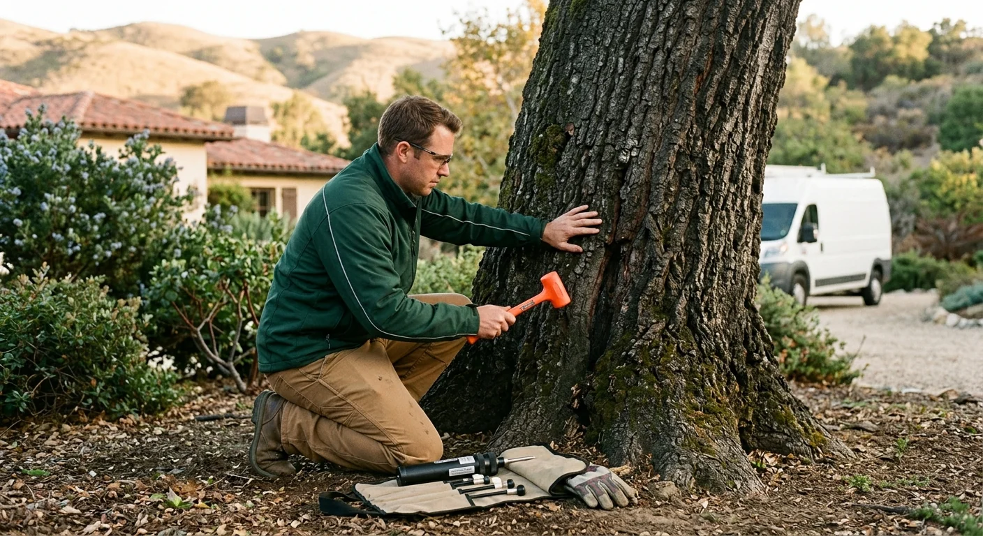 Arborist inspecting a mature oak trunk for decay on a Westlake Village property