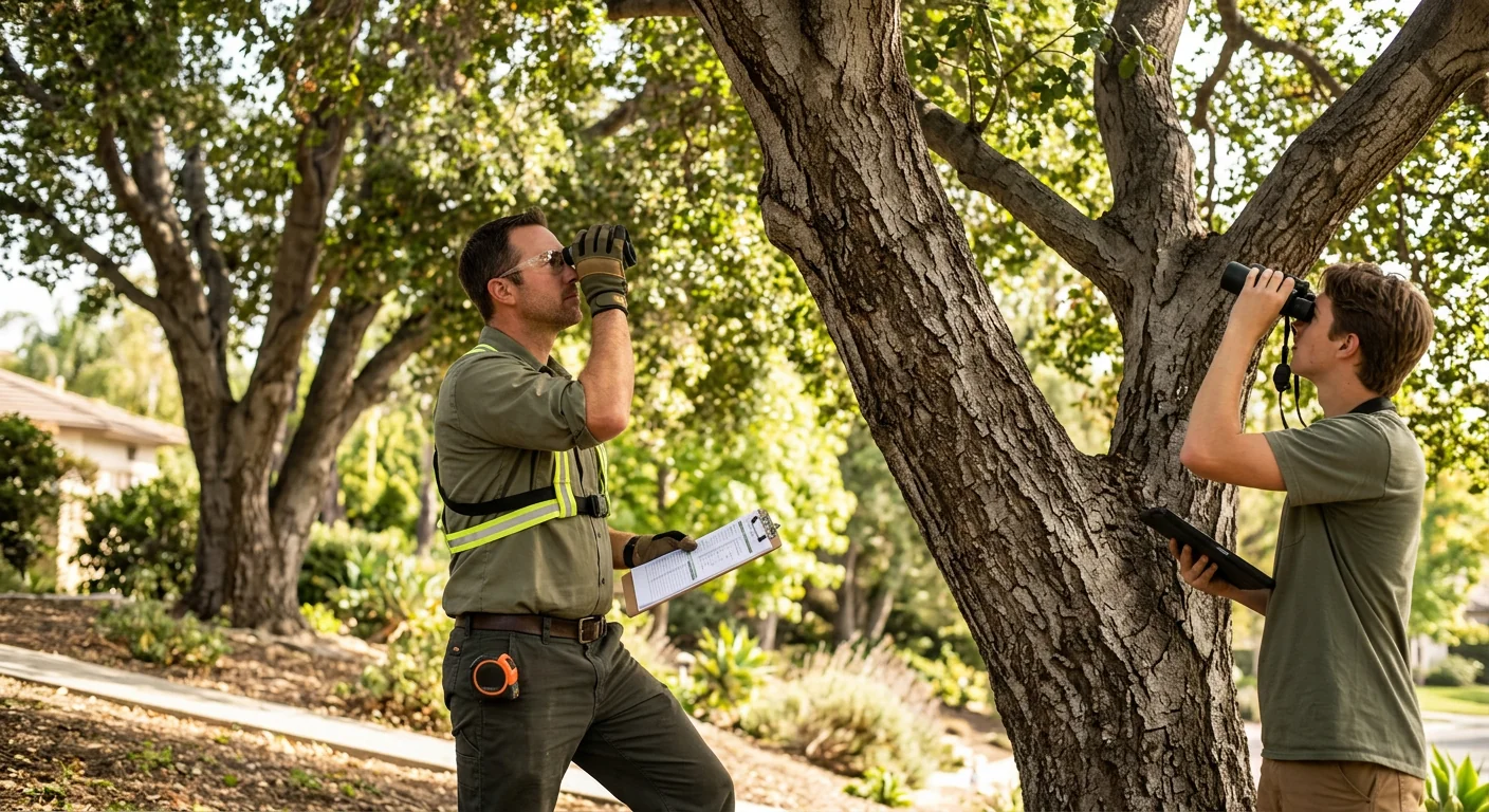 Technician measuring canopy lean and branch unions during a tree evaluation