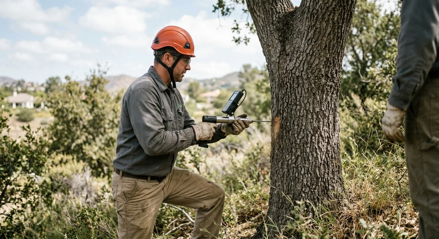 Resistance drilling tool checking internal sound wood on a hillside tree