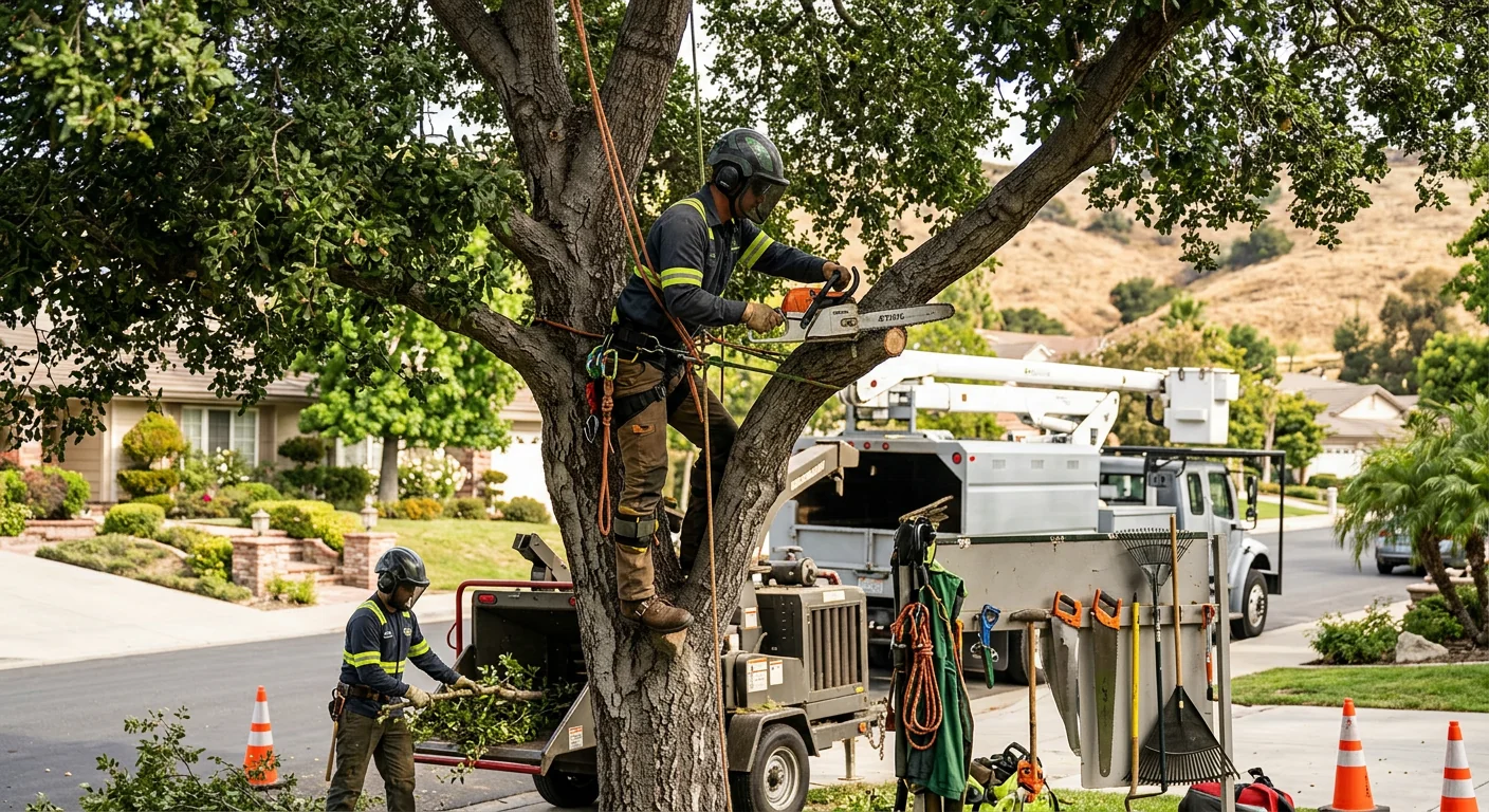 Certified arborist inspecting a mature oak for structural defects in Westlake Village