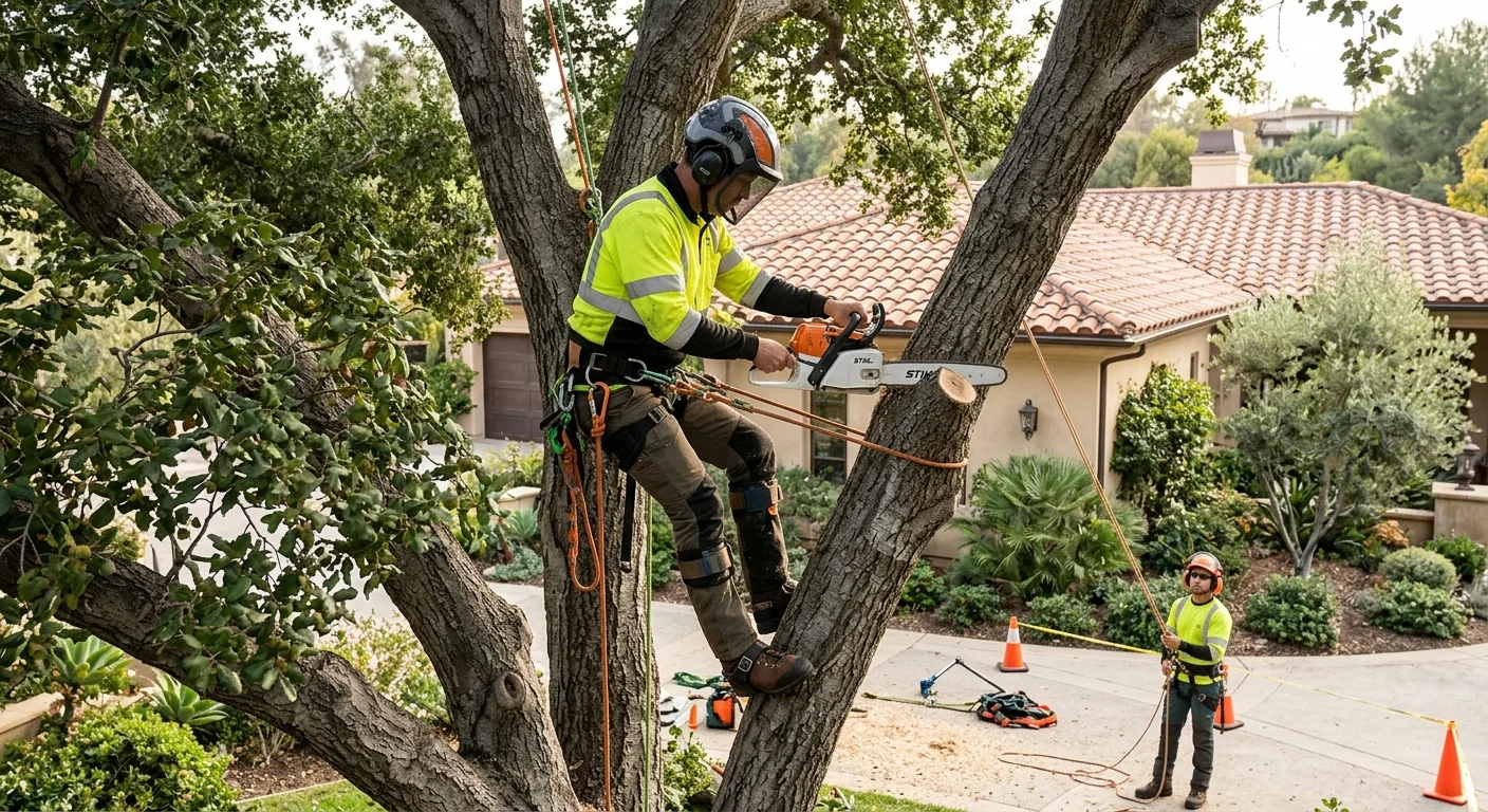Technician evaluating tree canopy and structure during on-site property assessment