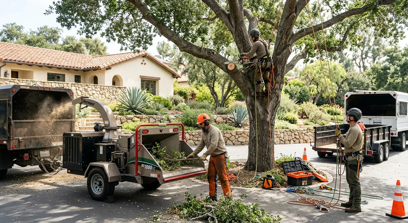 Tree service technician reviewing a written estimate with a homeowner in Westlake Village