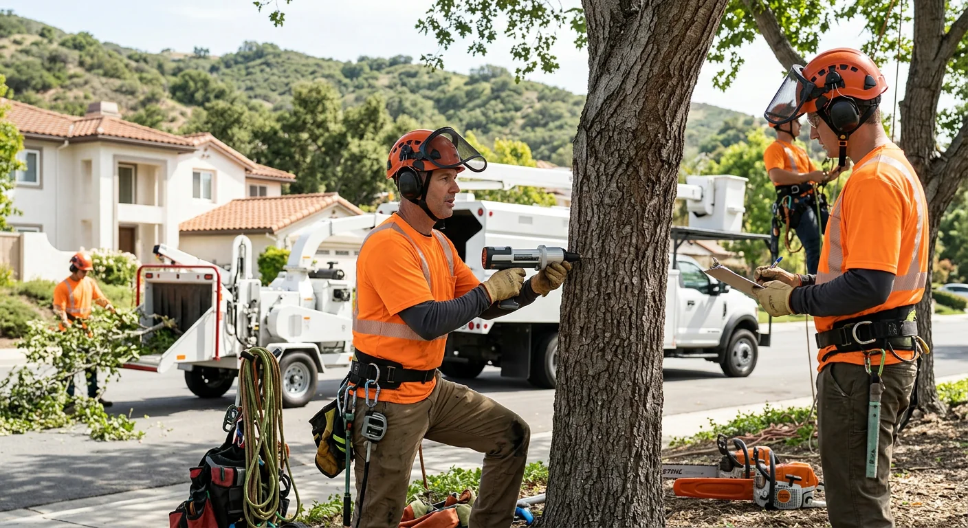 Tree crew unloading rigging gear on a sloped hillside property in Westlake Village