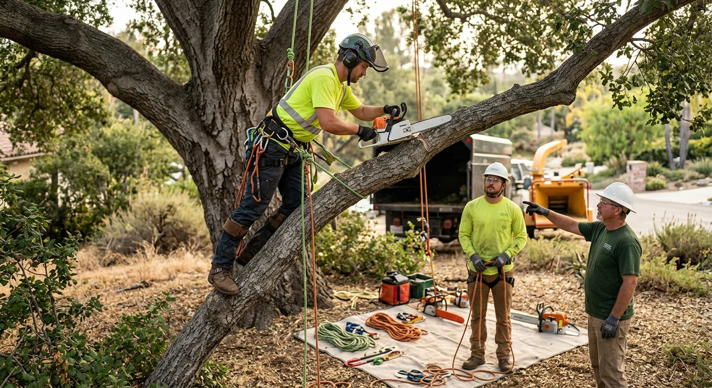 Crew removing storm-damaged branches near a residential home in Westlake Village