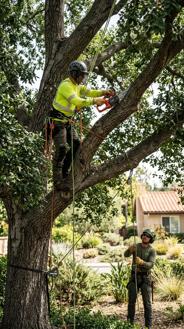 Technician using rigging and an aerial lift for controlled tree removal in Westlake Village neighborhood