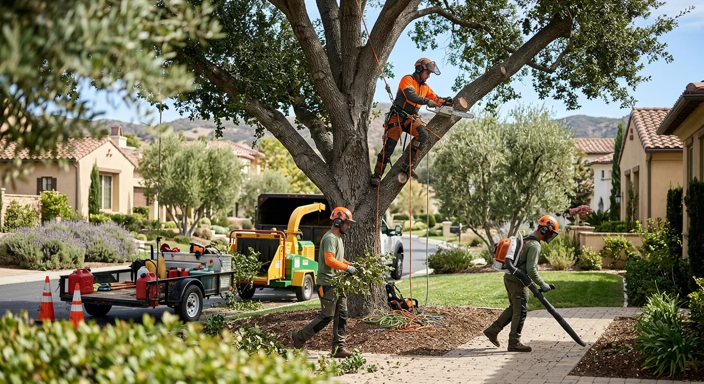 Arborist inspecting an oak canopy on a Westlake Village hillside property