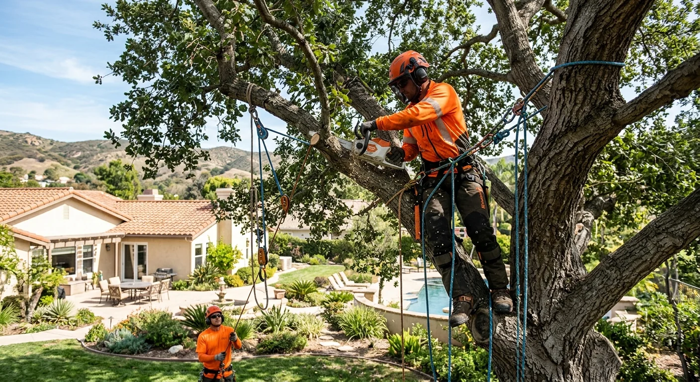 Climber performing canopy reduction on a mature oak in a backyard