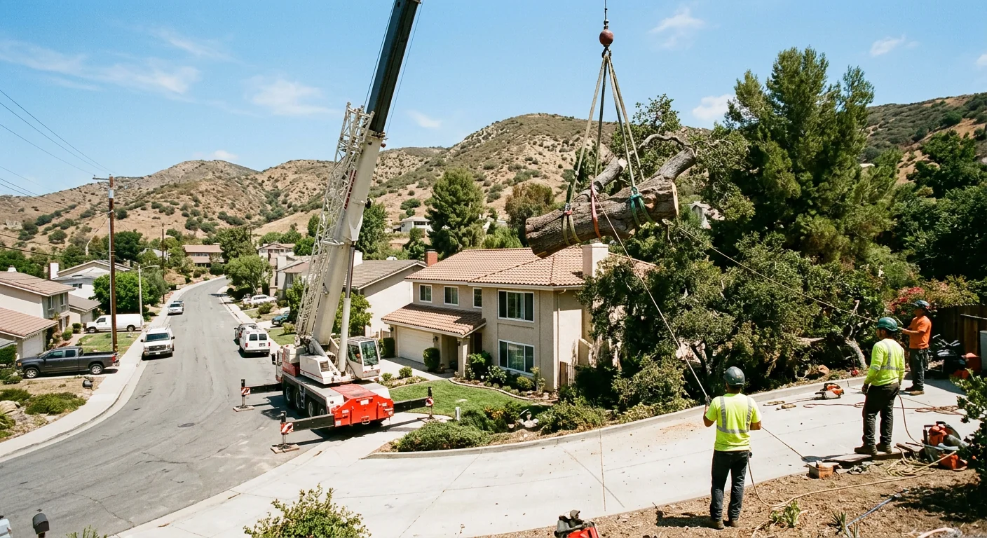Crane lifting a large tree section clear of a rooftop during removal