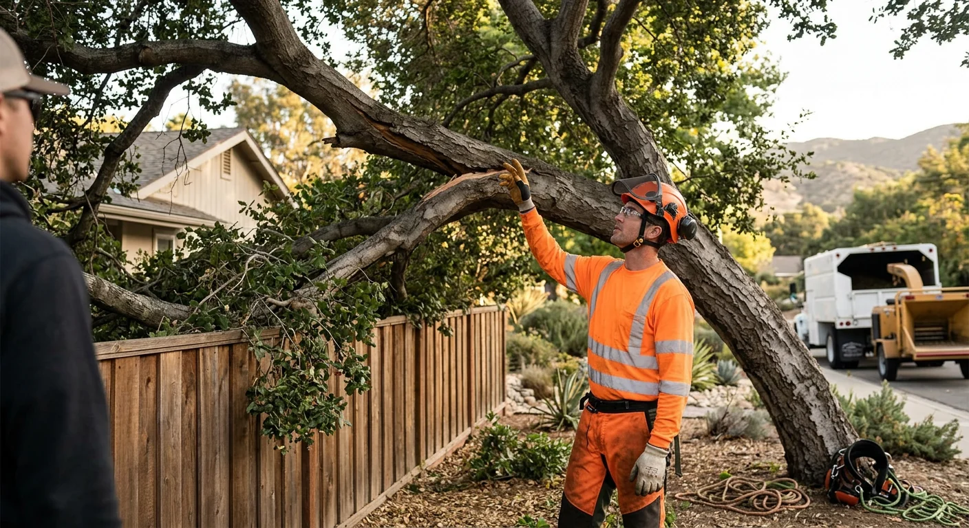 Overgrown leaning tree near a fence before scheduled removal work