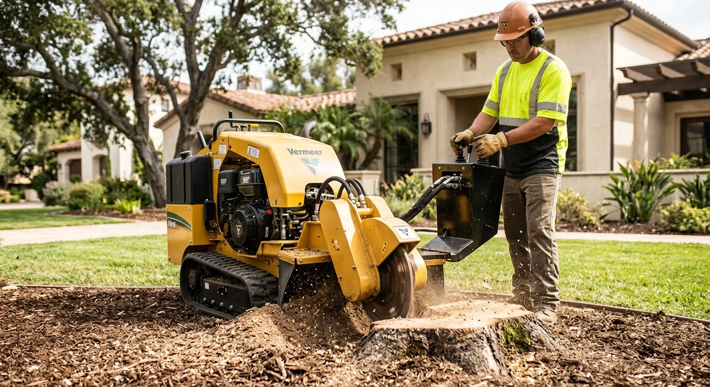 Stump grinder reducing a large stump below grade in a front yard