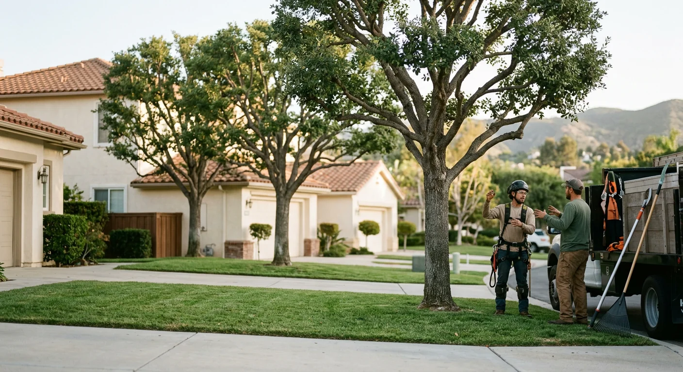 Freshly pruned trees lining a clean residential property after service