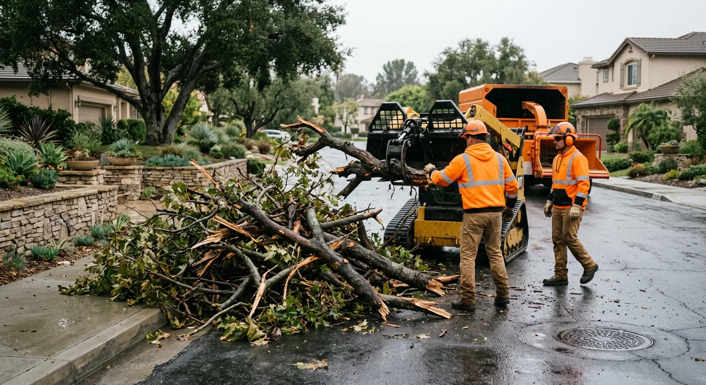 Storm-damaged branches stacked for cleanup along a suburban street