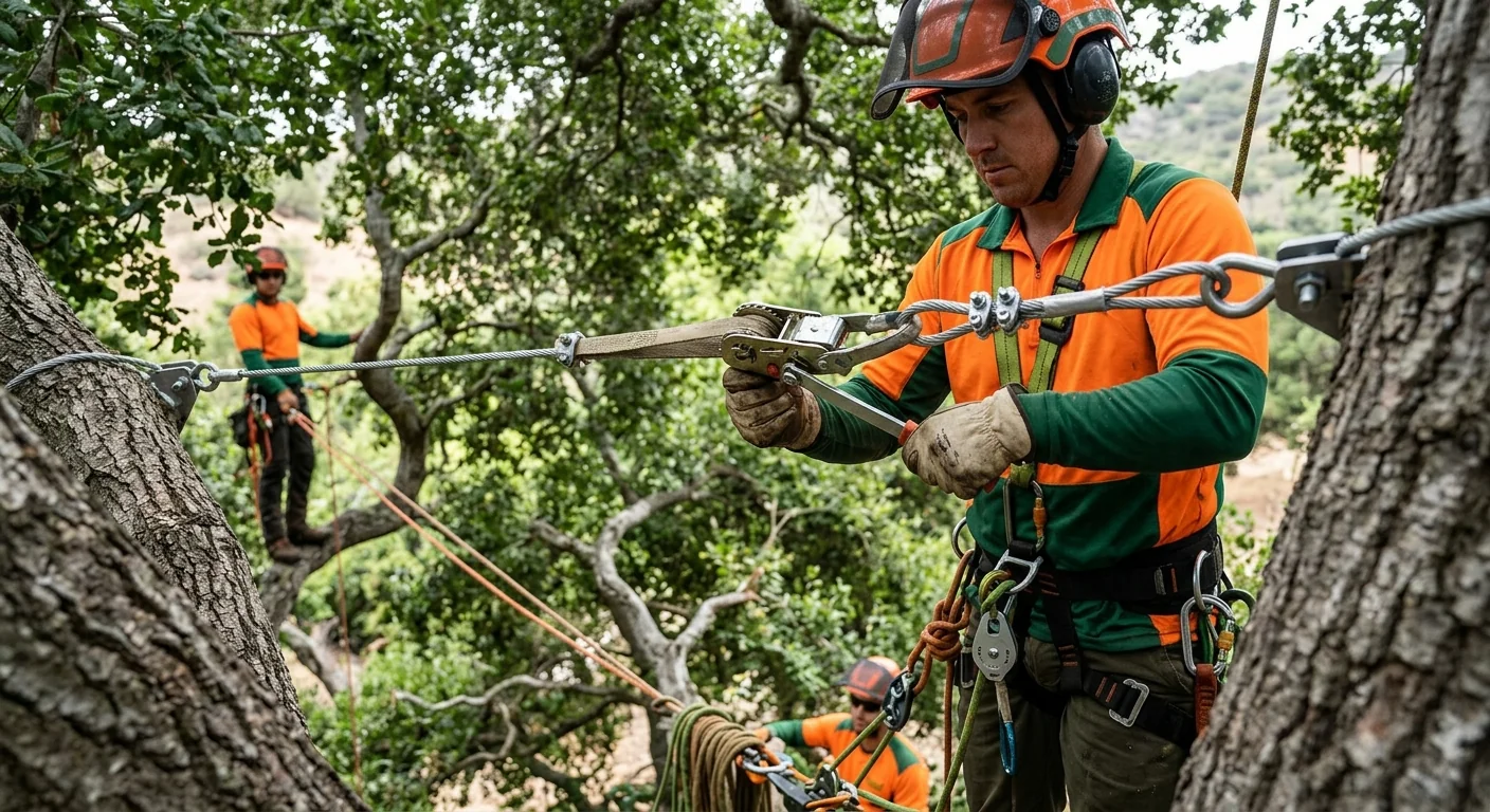 Support cable installed between two limbs to brace a mature tree