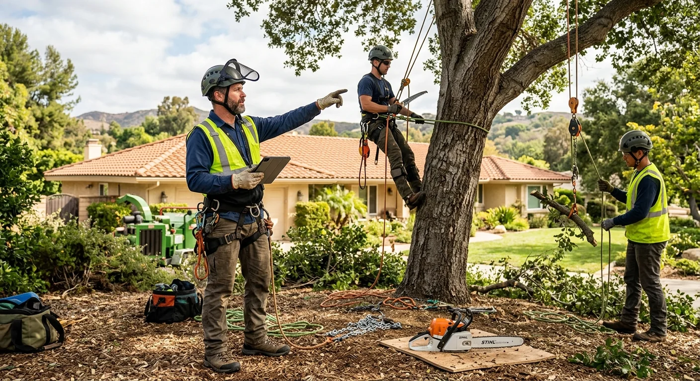 Tree service technician answering a homeowner call for prompt scheduling in Westlake Village