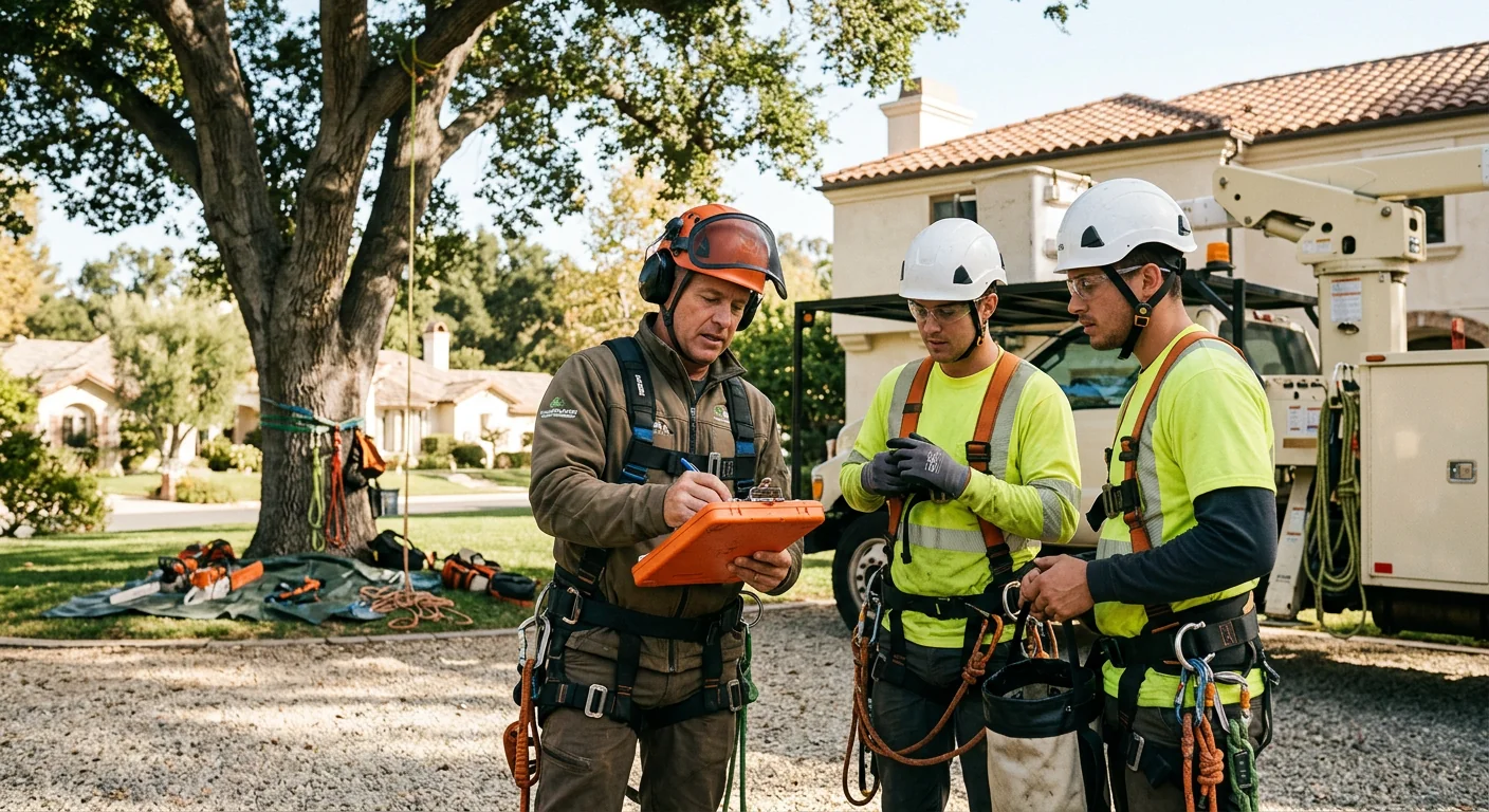 Tree crew reviewing safety checklist and PPE before climbing in Westlake Village
