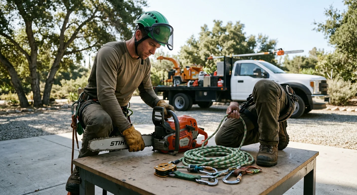Technician inspecting chainsaw and rigging lines during pre-job equipment check