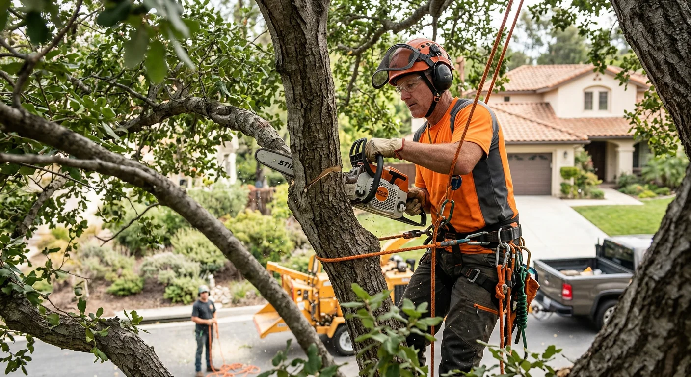 Arborist performing controlled directional pruning cut following industry safety standards
