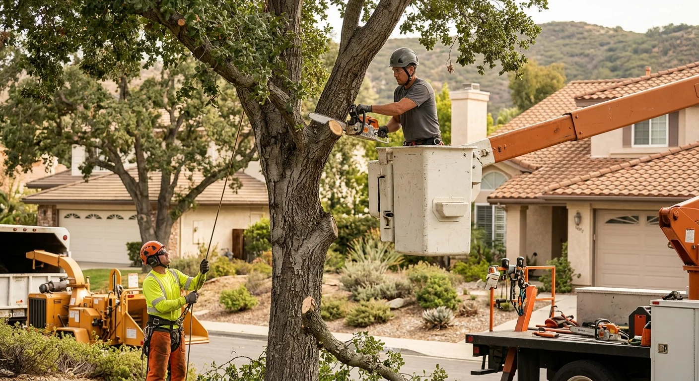 Trained tree service crew using rigging to remove a large limb in Westlake Village