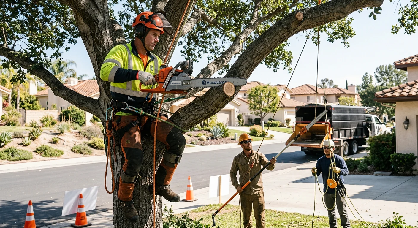 Trained arborists assessing a mature tree on a Westlake Village hillside property