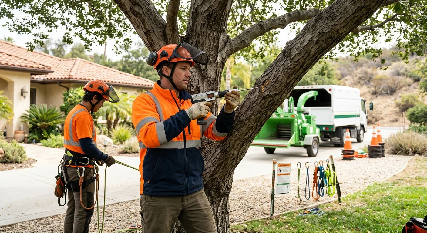 Arborist assessing a tree canopy to prepare a trimming estimate in Westlake Village