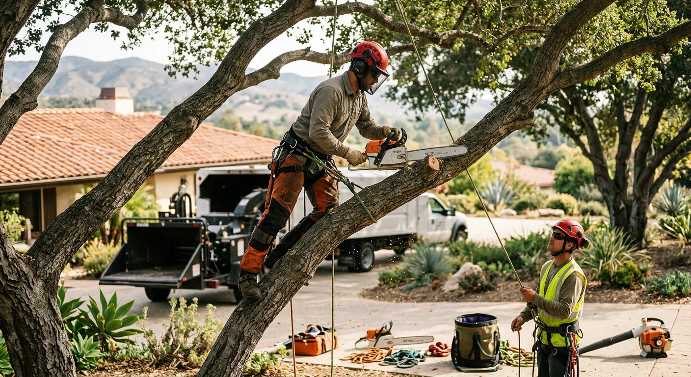 Certified crew trimming a mature tree canopy at a Westlake Village home