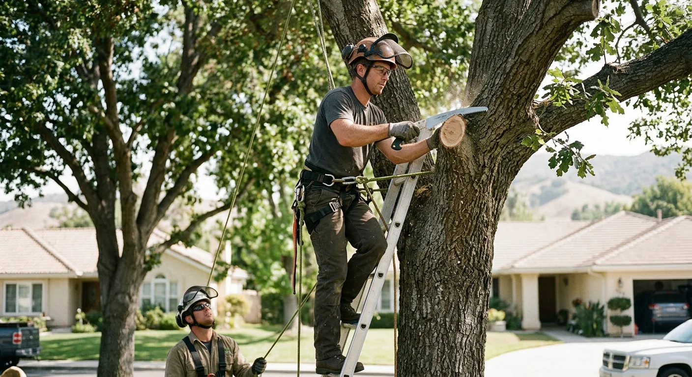 Arborist making a directional pruning cut on a mature oak in Westlake Village